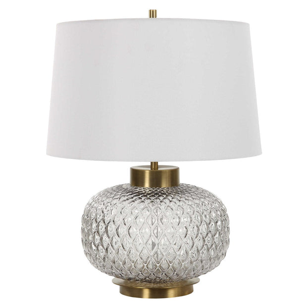 Uttermost Estelle Embossed Smoke Gray Glass Table Lamp With White Linen Shade
