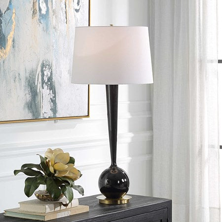 Uttermost Brielle Polished Black and Brushed Brass Accents Ceramic Table Lamp With White Linen Shade