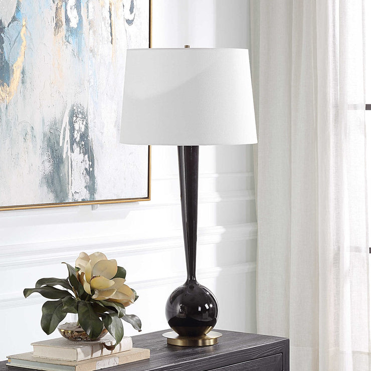 Uttermost Brielle Polished Black and Brushed Brass Accents Ceramic Table Lamp With White Linen Shade