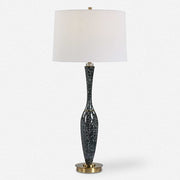 Uttermost Remy Navy Blue Glazed Ceramic and Brushed Brass Table Lamp With White Linen Shade