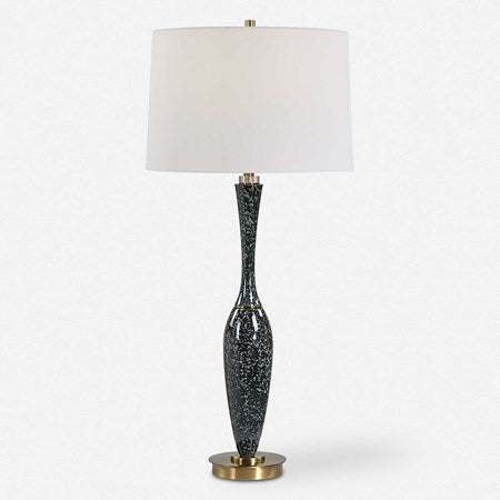 Uttermost Remy Navy Blue Glazed Ceramic and Brushed Brass Table Lamp With White Linen Shade