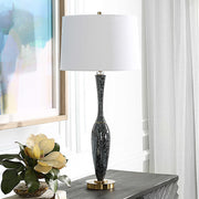 Uttermost Remy Navy Blue Glazed Ceramic and Brushed Brass Table Lamp With White Linen Shade