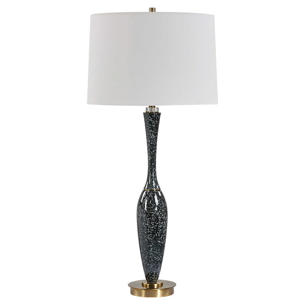 Uttermost Remy Navy Blue Glazed Ceramic and Brushed Brass Table Lamp With White Linen Shade