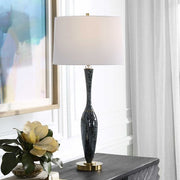 Uttermost Remy Navy Blue Glazed Ceramic and Brushed Brass Table Lamp With White Linen Shade