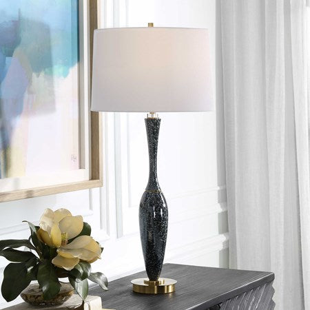 Uttermost Remy Navy Blue Glazed Ceramic and Brushed Brass Table Lamp With White Linen Shade