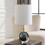 Uttermost Enigma Smoky Teal Blue Glass Buffet Lamp With White Linen Shade