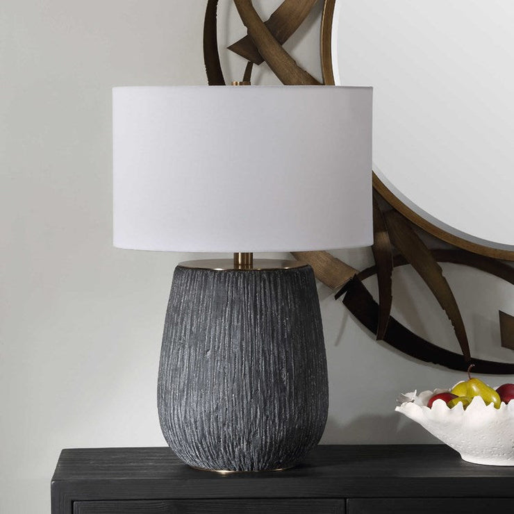 Uttermost Americana Aged Black and Gray Glazed Concrete Table Lamp With White Linen Drum Shade
