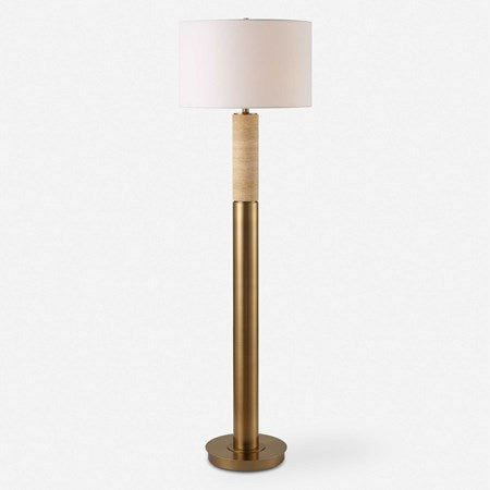 Uttermost Knox Travertine and Antique Brass Floor Lamp With White Linen Shade