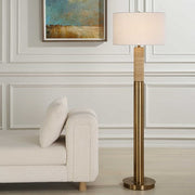 Uttermost Knox Travertine and Antique Brass Floor Lamp With White Linen Shade