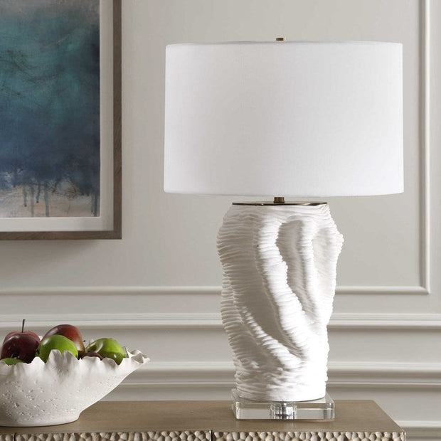 Uttermost Stratified Matte White Glaze Table Lamp With Linen Shade