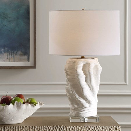 Uttermost Stratified Matte White Glaze Table Lamp With Linen Shade