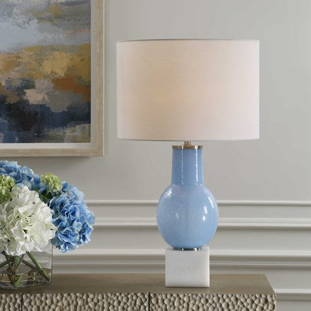 Uttermost Clear Sky Blue Seeded Glass Table Lamp With White Linen Shade
