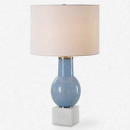 Uttermost Clear Sky Blue Seeded Glass Table Lamp With White Linen Shade