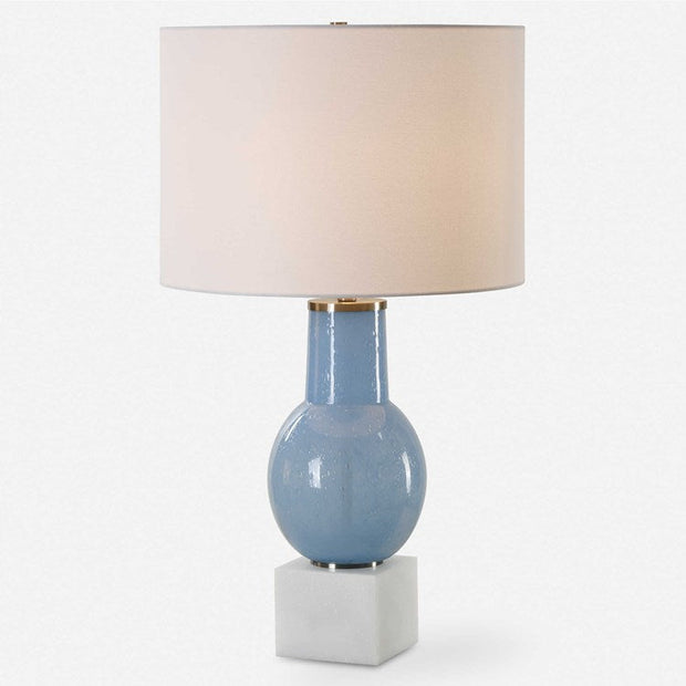 Uttermost Clear Sky Blue Seeded Glass Table Lamp With White Linen Shade