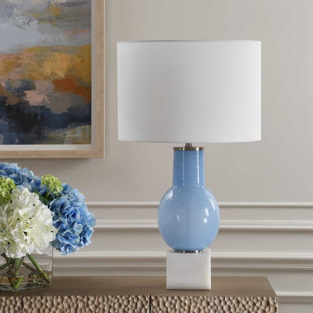 Uttermost Clear Sky Blue Seeded Glass Table Lamp With White Linen Shade