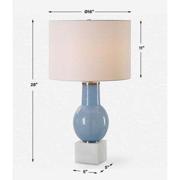 Uttermost Clear Sky Blue Seeded Glass Table Lamp With White Linen Shade