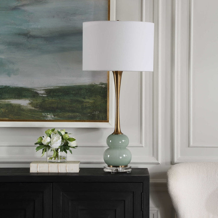 Uttermost Sanctuary Greenish-Gray Glass Table Lamp With White Linen Shade