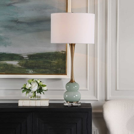 Uttermost Sanctuary Greenish-Gray Glass Table Lamp With White Linen Shade