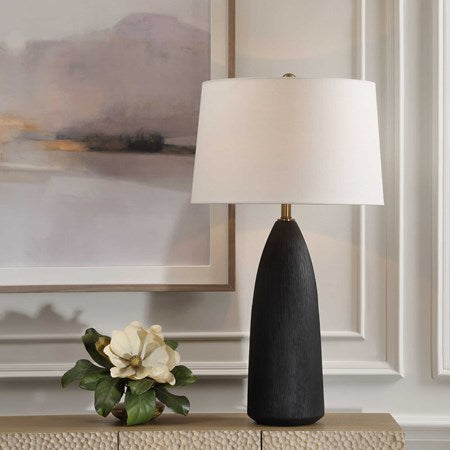 Uttermost Jett Matte Black Ceramic Table Lamp With White Linen Shade