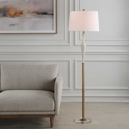 Uttermost Colette Antiqued Brass and Ivory Stone Floor Lamp With White Linen Shade