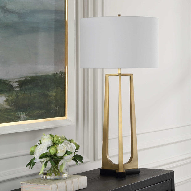 Uttermost Crossroads Antiqued Brass and Black Marble Table Lamp With White Linen Shade