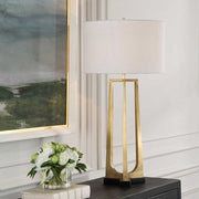 Uttermost Crossroads Antiqued Brass and Black Marble Table Lamp With White Linen Shade