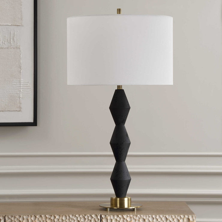 Uttermost Threefold Black Stone Table Lamp With White Linen Shade