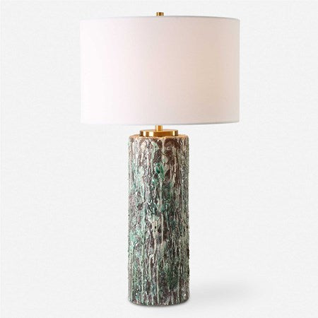 Uttermost Meltdown Ivory and Teal Textured Ceramic Table Lamp With White Linen Shade