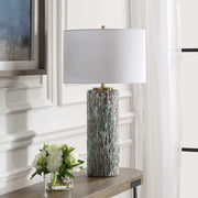 Uttermost Meltdown Ivory and Teal Textured Ceramic Table Lamp With White Linen Shade