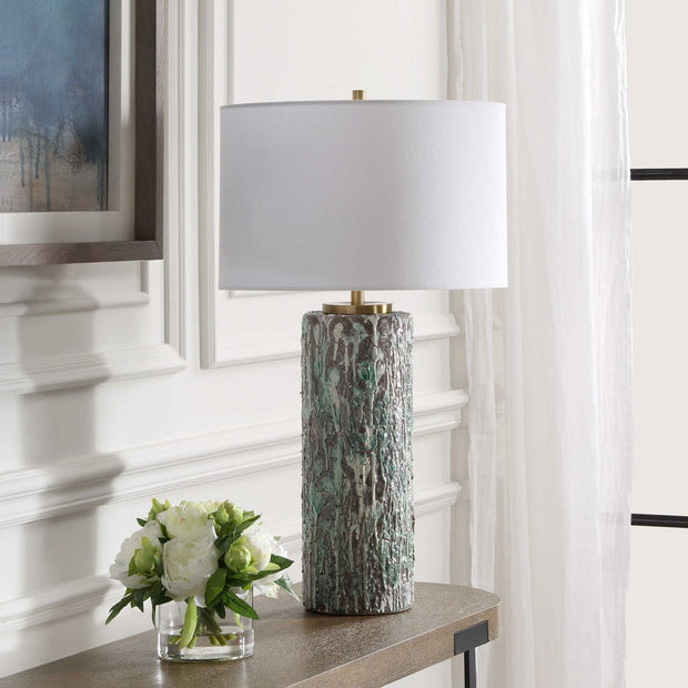 Uttermost Meltdown Ivory and Teal Textured Ceramic Table Lamp With White Linen Shade