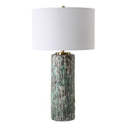 Uttermost Meltdown Ivory and Teal Textured Ceramic Table Lamp With White Linen Shade