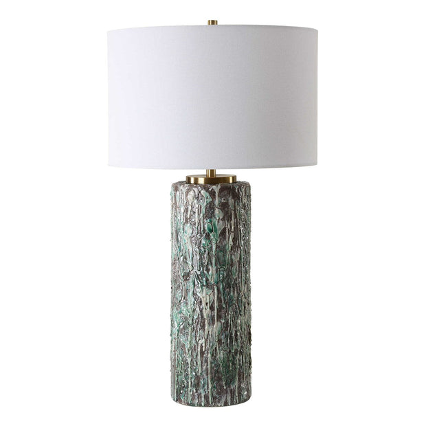 Uttermost Meltdown Ivory and Teal Textured Ceramic Table Lamp With White Linen Shade
