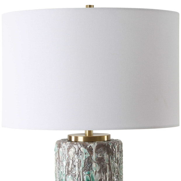 Uttermost Meltdown Ivory and Teal Textured Ceramic Table Lamp With White Linen Shade