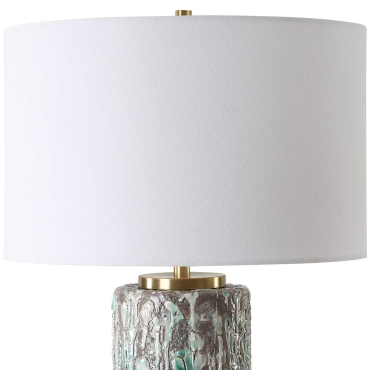 Uttermost Meltdown Ivory and Teal Textured Ceramic Table Lamp With White Linen Shade