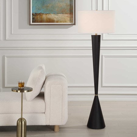 Uttermost Layla Aged Black Iron and Antiqued Brass Floor Lamp With White Linen Shade