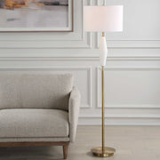 Uttermost Quite Antique Brass and White Ceramic The Buzz Floor Lamp With Linen Shade