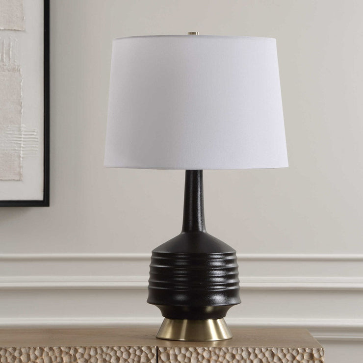 Uttermost Foster Textured Black Glaze Ceramic Table Lamp With White Linen Shade