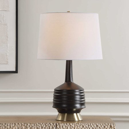 Uttermost Foster Textured Black Glaze Ceramic Table Lamp With White Linen Shade