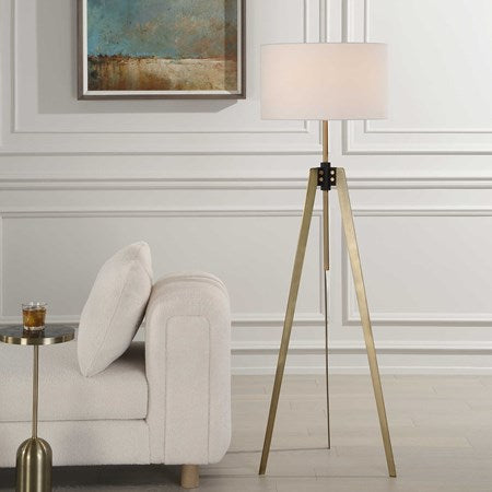 Uttermost Anchorage Antiqued Brass and Black Iron Floor Lamp With White Linen Drum Shade