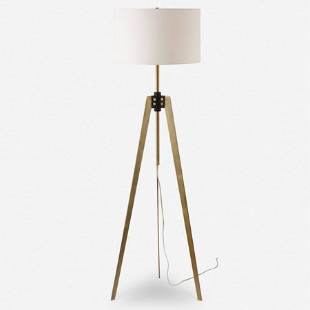Uttermost Anchorage Antiqued Brass and Black Iron Floor Lamp With White Linen Drum Shade