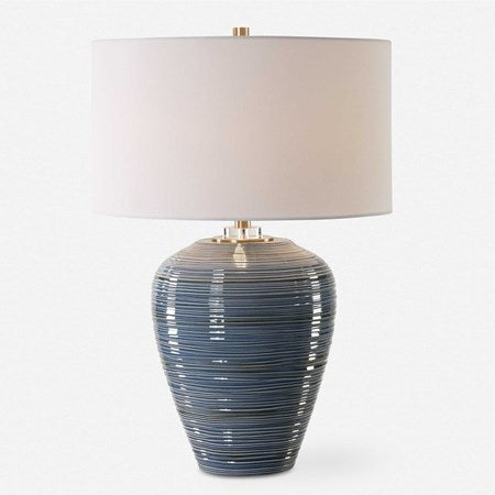 Uttermost Moher Blue Glazed Textured Ceramic Table Lamp With White Linen Shade