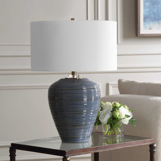 Uttermost Moher Blue Glazed Textured Ceramic Table Lamp With White Linen Shade