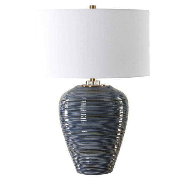 Uttermost Moher Blue Glazed Textured Ceramic Table Lamp With White Linen Shade