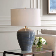 Uttermost Moher Blue Glazed Textured Ceramic Table Lamp With White Linen Shade