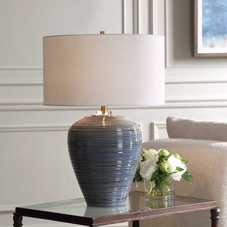 Uttermost Moher Blue Glazed Textured Ceramic Table Lamp With White Linen Shade