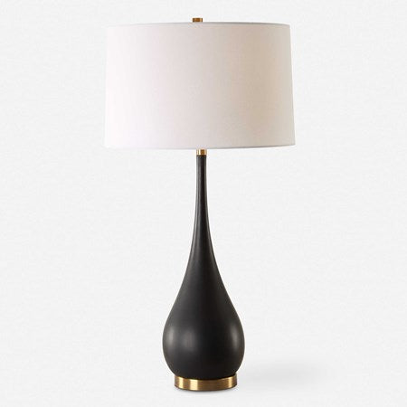 Uttermost Nocturnal Black Stone and Brass Table Lamp With White Linen Shade