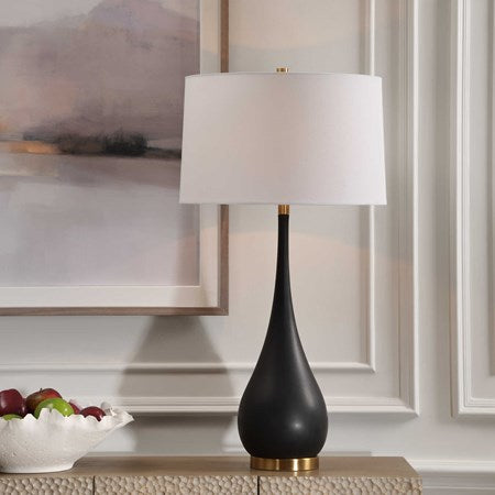 Uttermost Nocturnal Black Stone and Brass Table Lamp With White Linen Shade