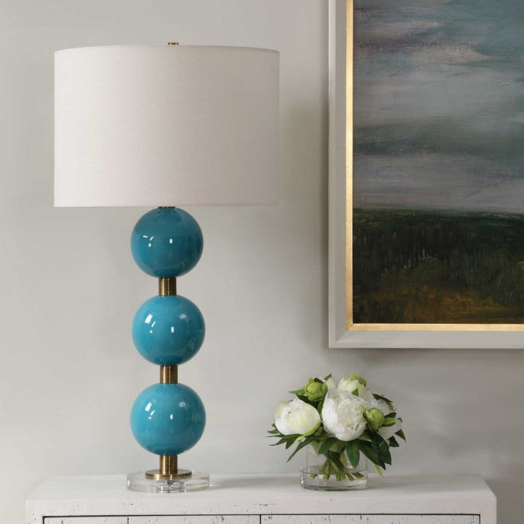 Uttermost Palawan Turquoise Blue Glazed Ceramic Table Lamp With White Linen Fabric