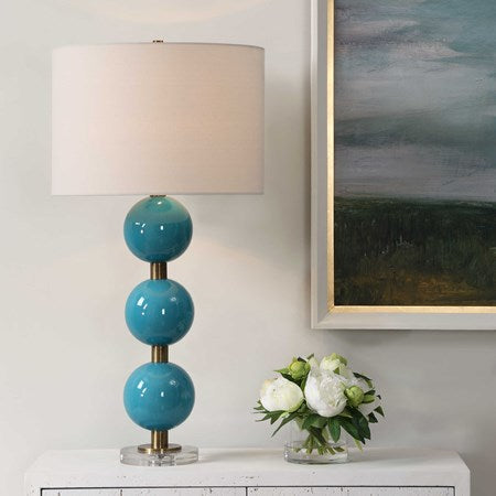 Uttermost Palawan Turquoise Blue Glazed Ceramic Table Lamp With White Linen Fabric