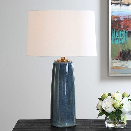 Uttermost Submerged Deep Blue Glazed Table Lamp With White Linen Shade